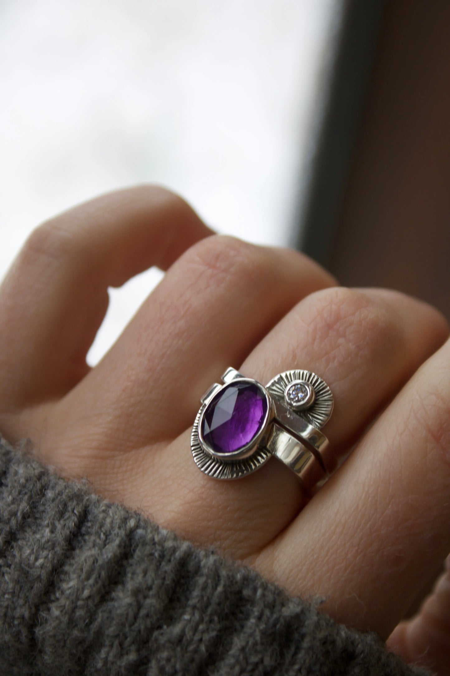 Ethnic Square Ring Set with Amethyst & Moissanite (7.5-8) - ORI Jewelry