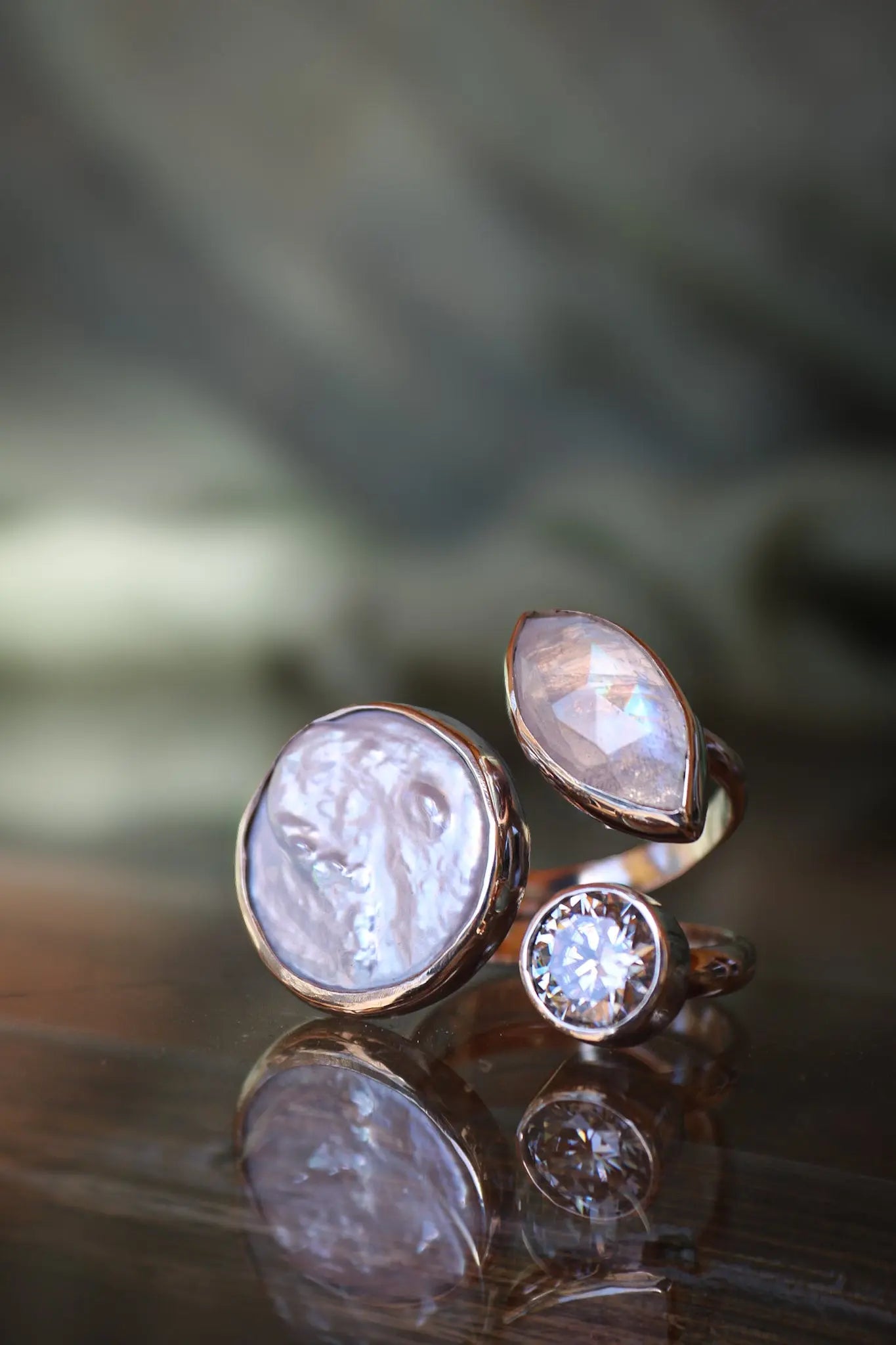 Silver ring with Pearl, Moonstone & Moissanite 8.5 mm (size 7-8.5) ORI Jewelry ORI Jewelry