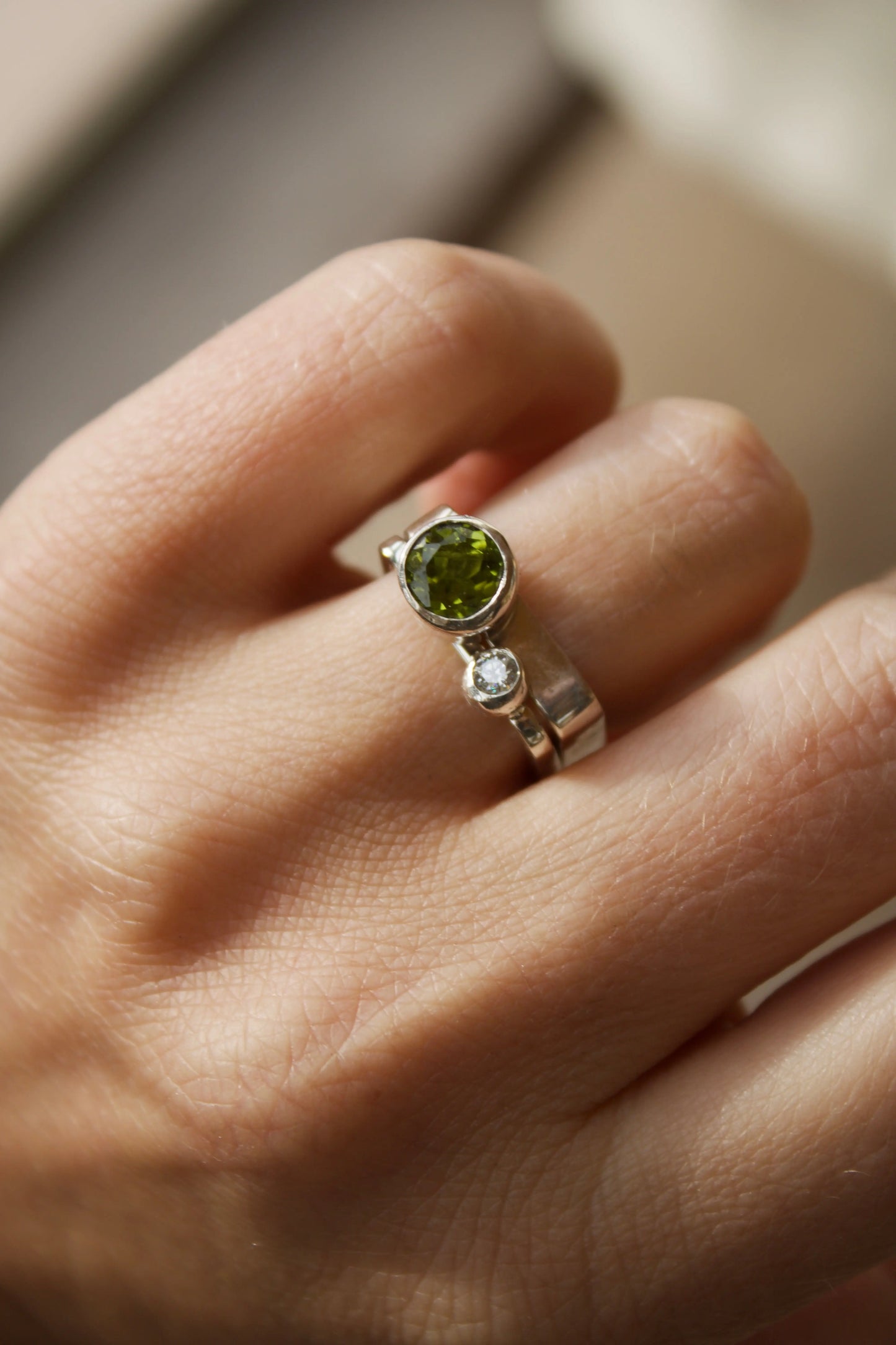 Peridot square ring set with Moissanite 3 mm (6-6.5) ORI Jewelry