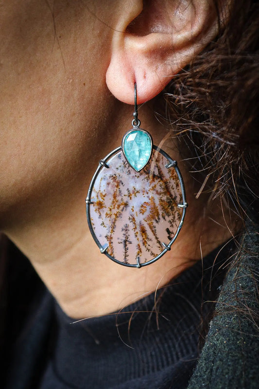 Silver Earrings with Dendritic Agate & Kyanite ORI Jewelry ORI Jewelry