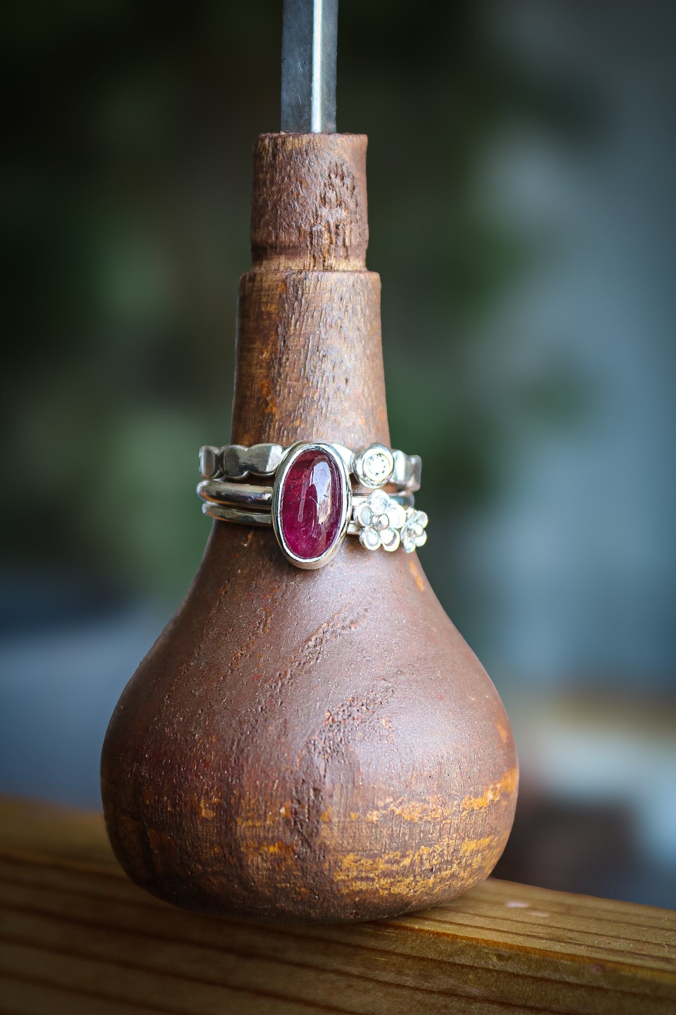 Tourmaline & Moissanite Silver Ring Set (7.0)