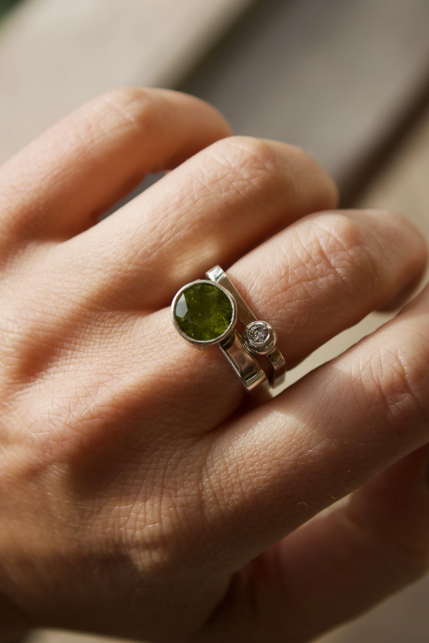 Peridot square ring set with Moissanite 3 mm (7.0-7.5) ORI Jewelry