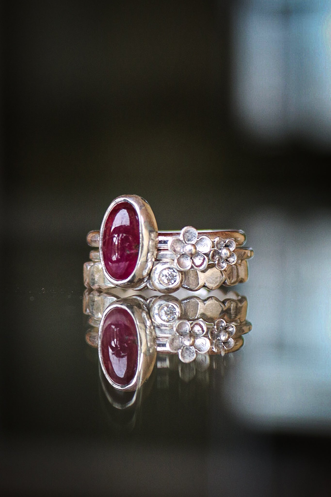 Tourmaline & Moissanite Silver Ring Set (7.0)