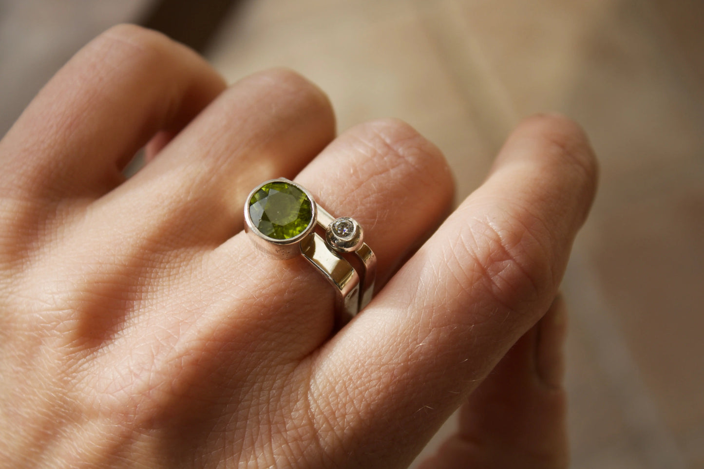 Peridot square ring set with Moissanite 3 mm (7.0-7.5) ORI Jewelry