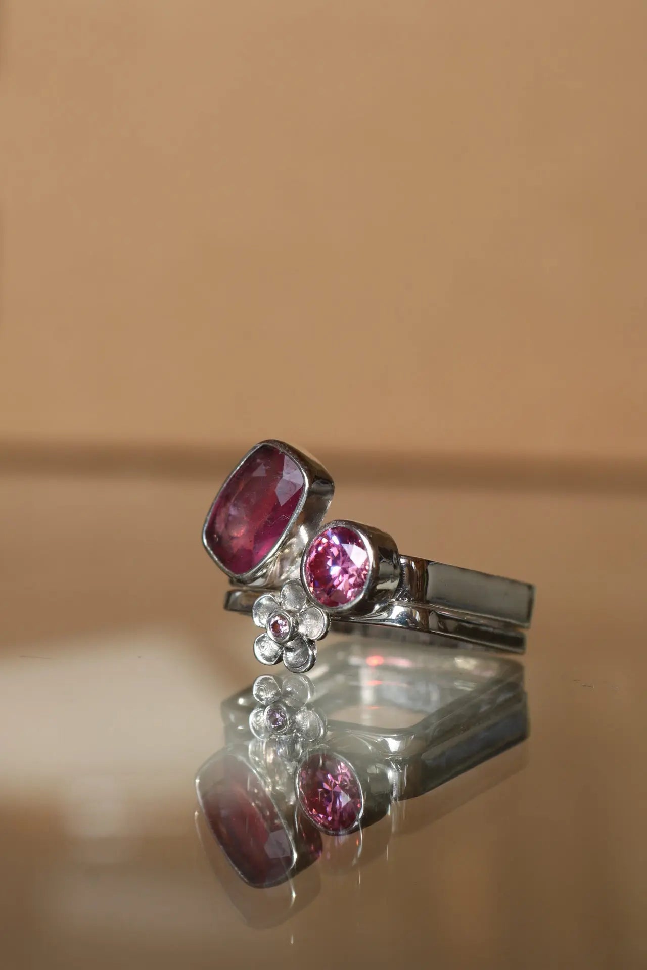 Square Ring Set with Sapphire and Moissanites (8.5-9.0) ORI Jewelry ORI Jewelry