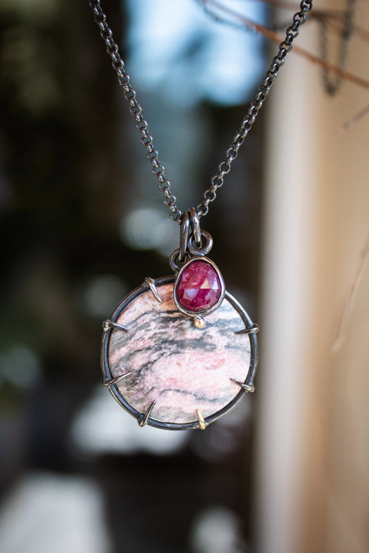 Rhodonite and Ruby Silver Pendant ORI Jewelry ORI Jewelry