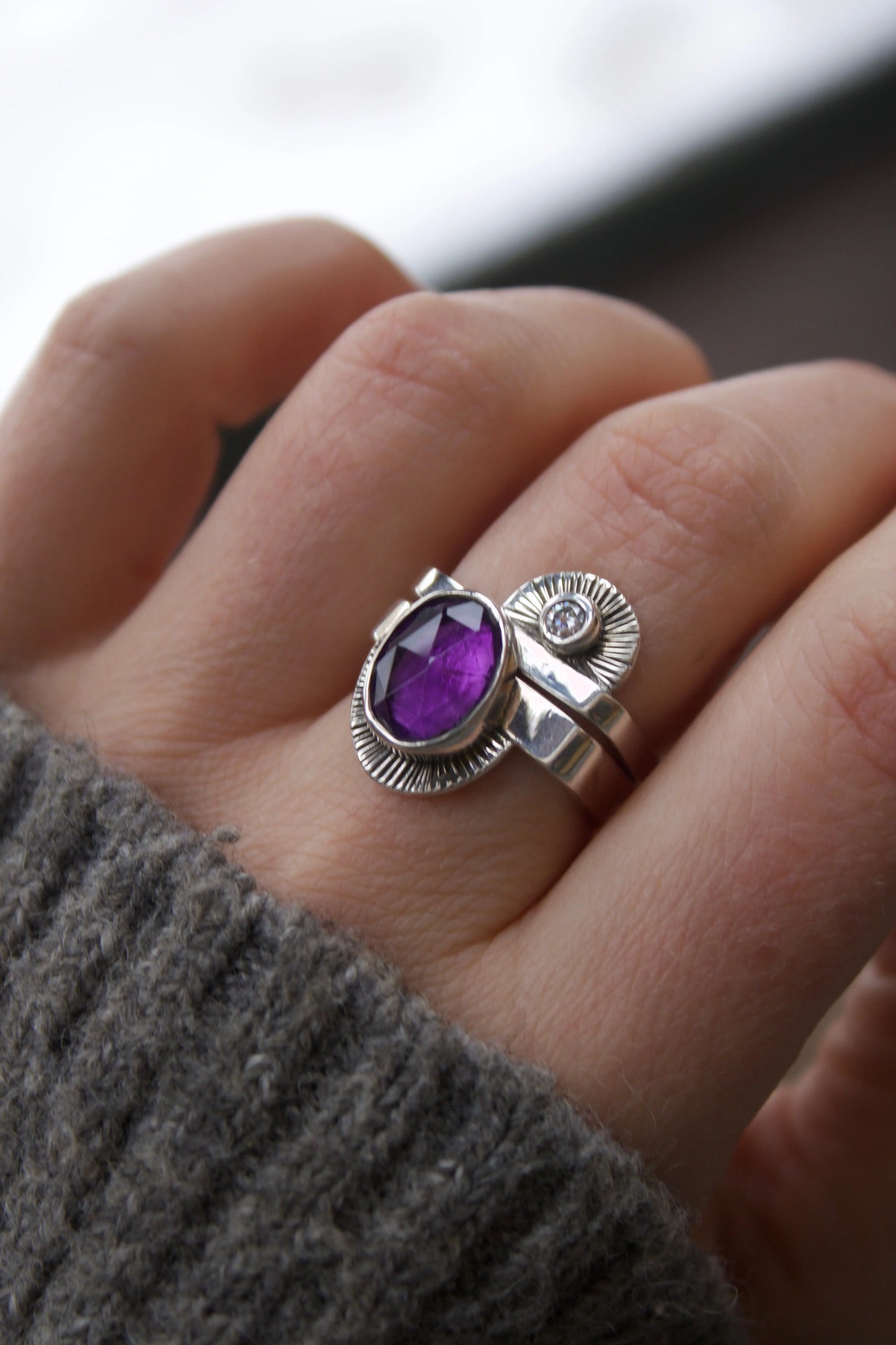 Ethnic Square Ring Set with Amethyst & Moissanite (7.5-8) - ORI Jewelry