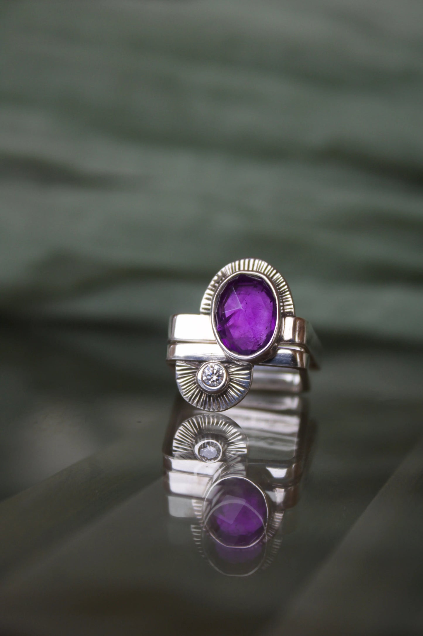 Ethnic Square Ring Set with Amethyst & Moissanite (7.5-8) - ORI Jewelry
