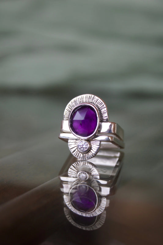 Ethnic Square Ring Set with Amethyst & Moissanite (6.5-7) - ORI Jewelry