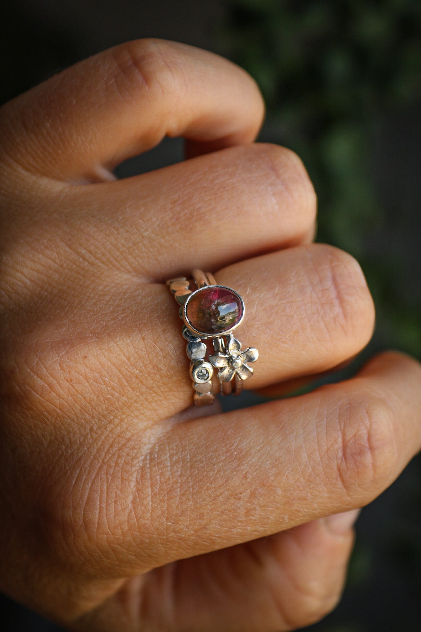 Tourmaline & Moissanite Silver Ring Set (8.5)