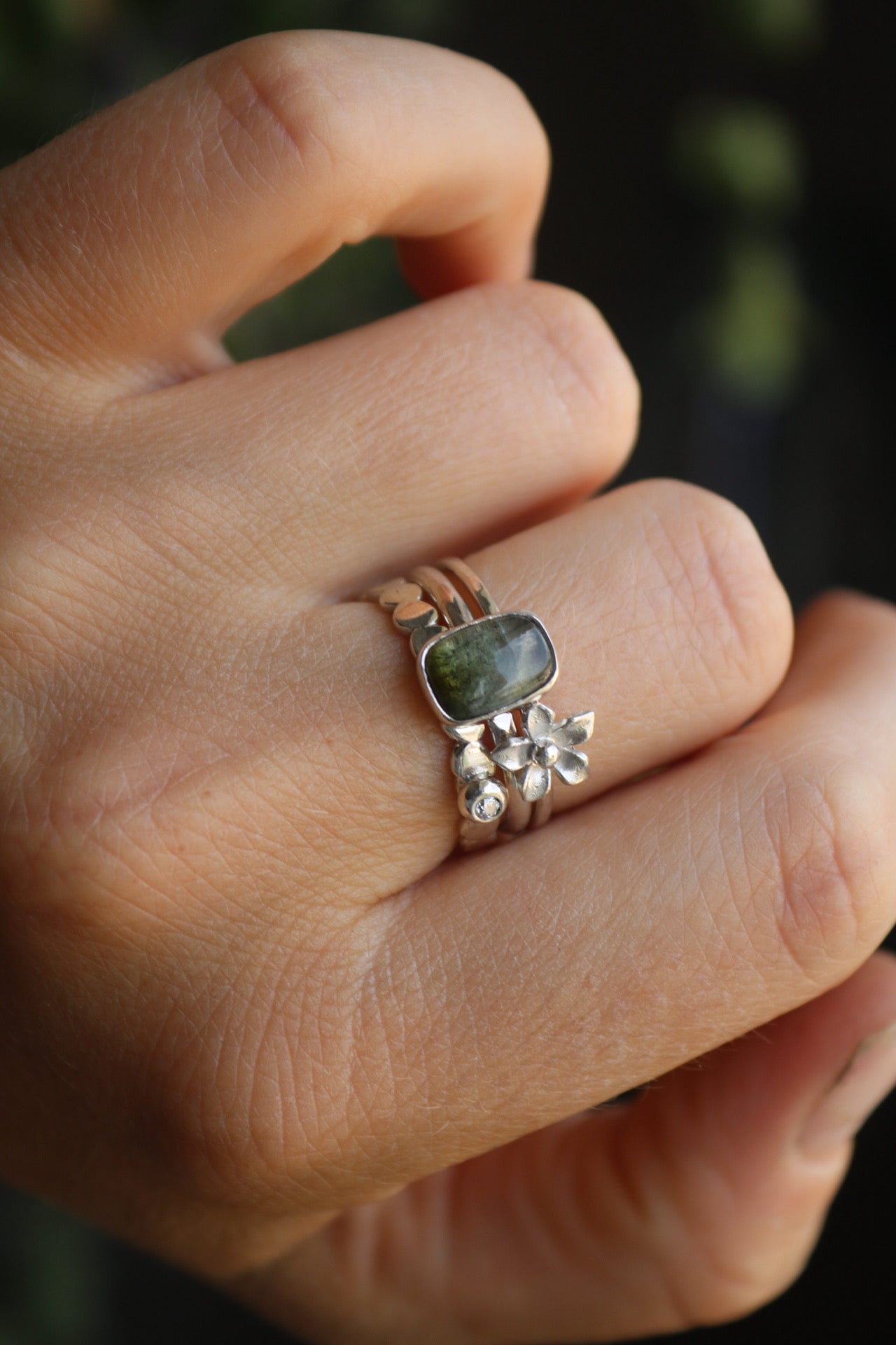 Tourmaline & Moissanite Silver Ring Set (8.0)