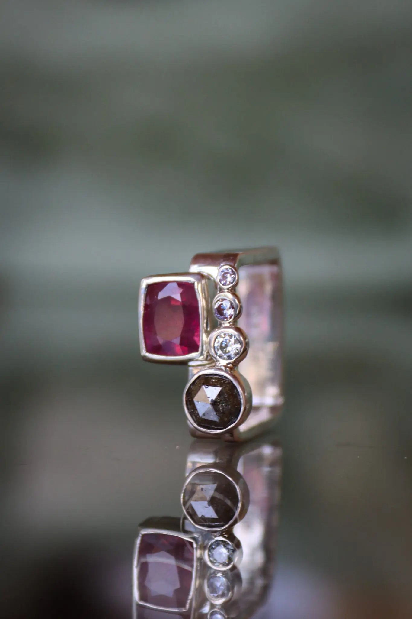 Silver Ring Set with Ruby Sapphire, Salt & Pepper Diamond, and Moissanites (size 8.5-9.0) ORI Jewelry ORI Jewelry
