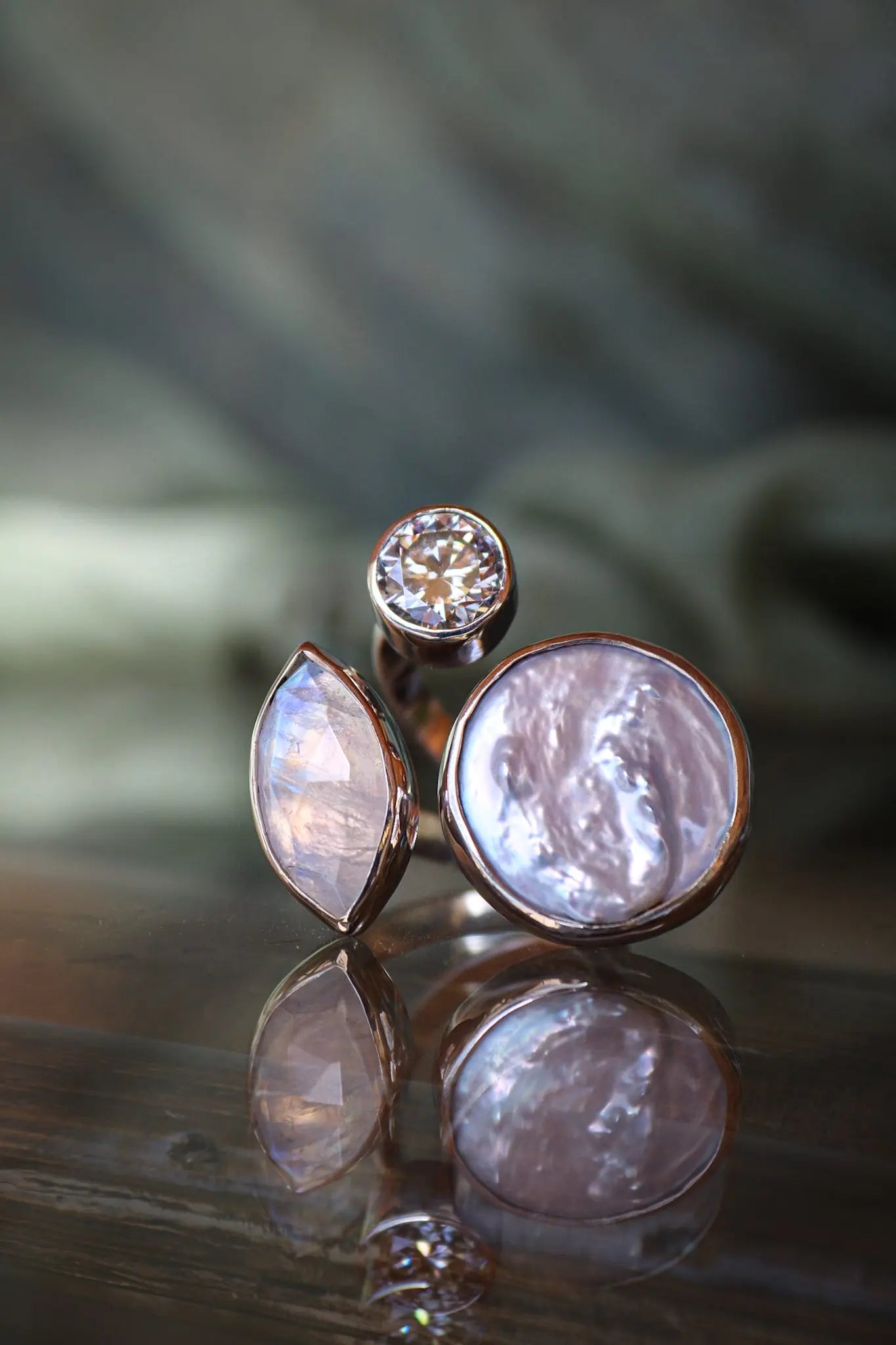 Silver ring with Pearl, Moonstone & Moissanite 8.5 mm (size 7-8.5) ORI Jewelry ORI Jewelry