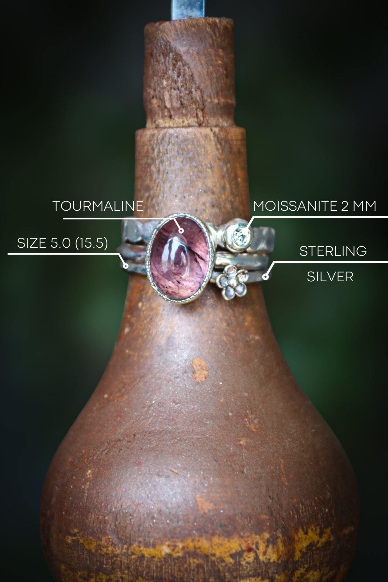 Tourmaline & Moissanite Silver Ring Set (5.0)