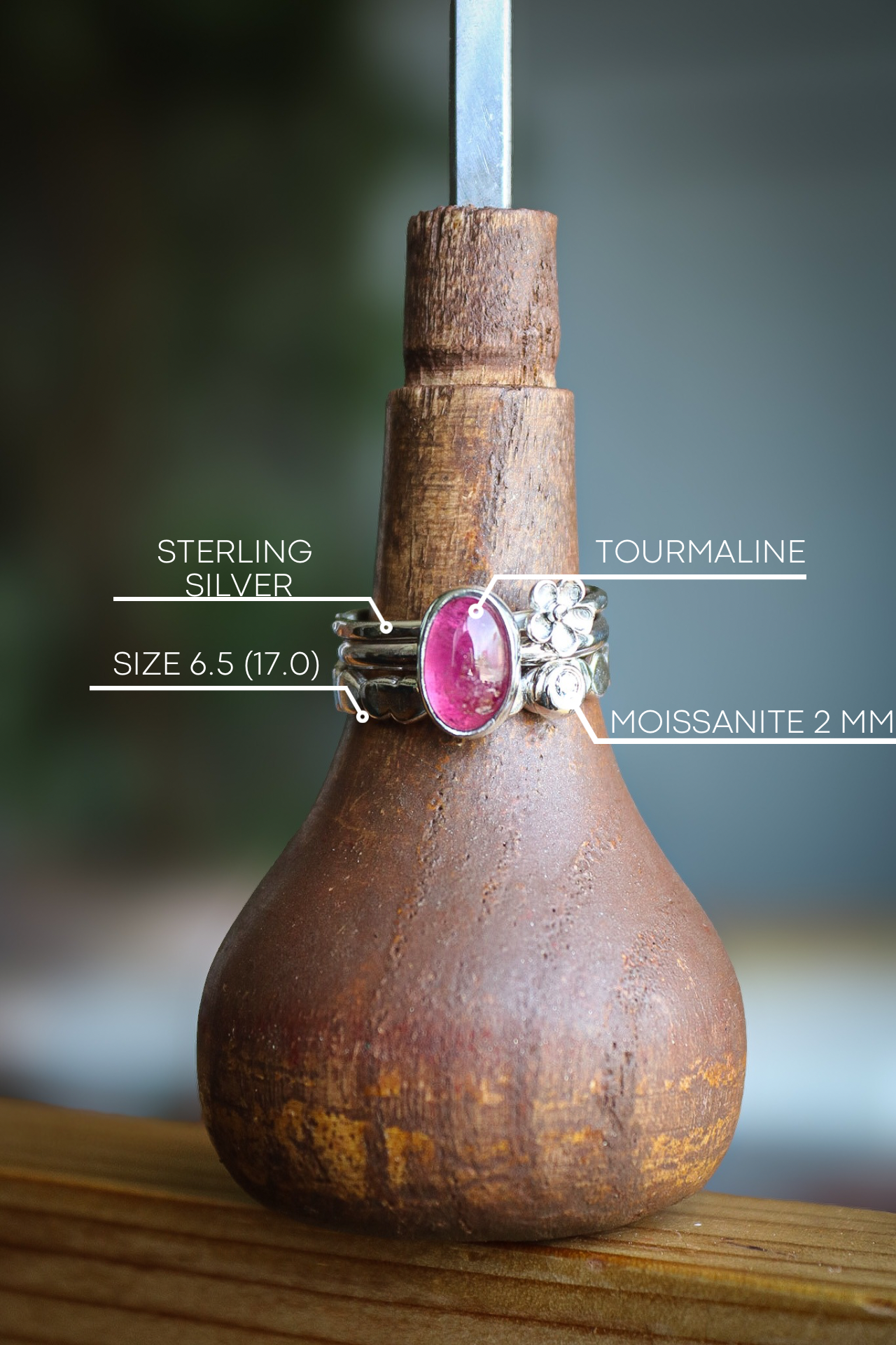 Tourmaline & Moissanite Silver Ring Set (6.5)