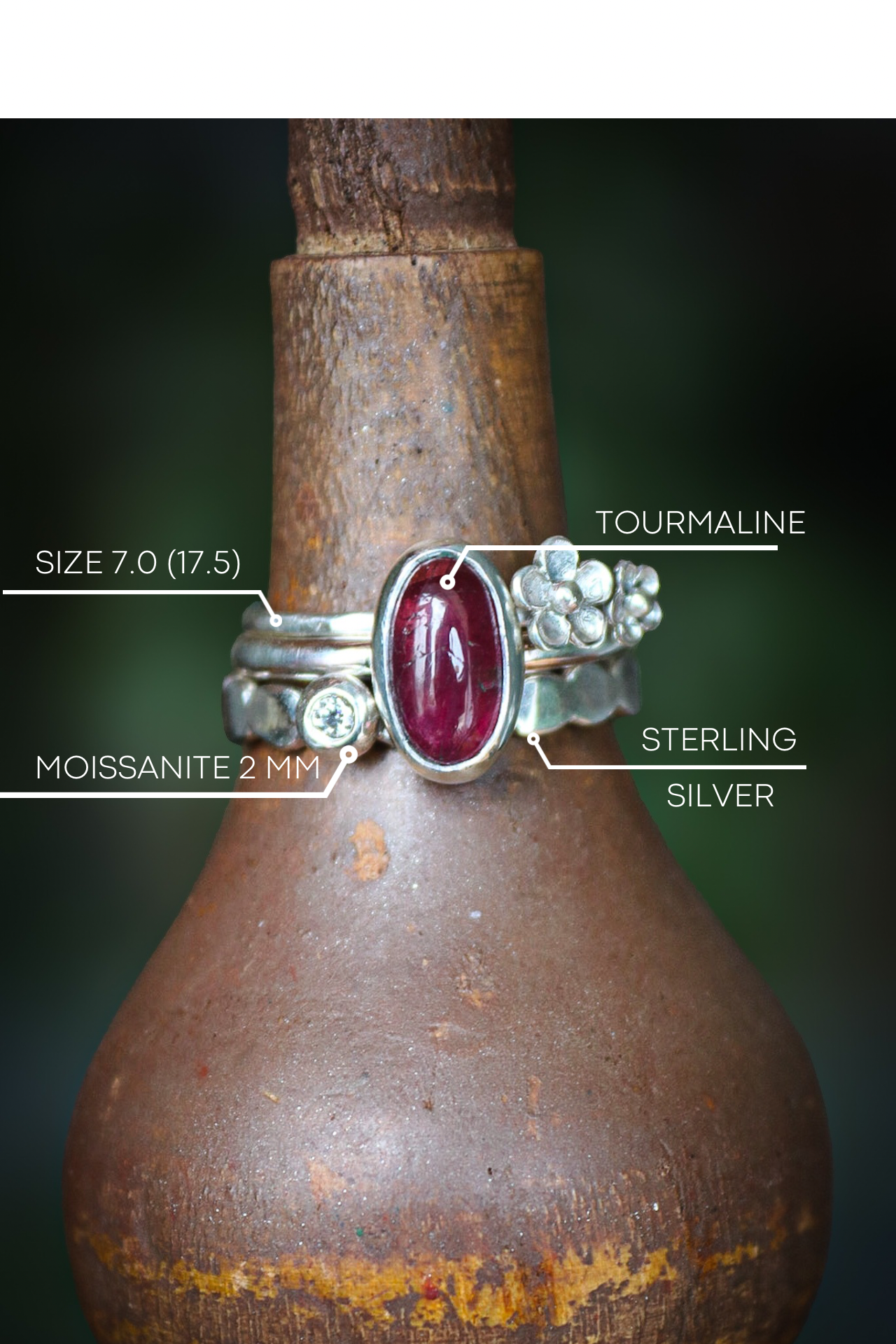Tourmaline & Moissanite Silver Ring Set (7.0)