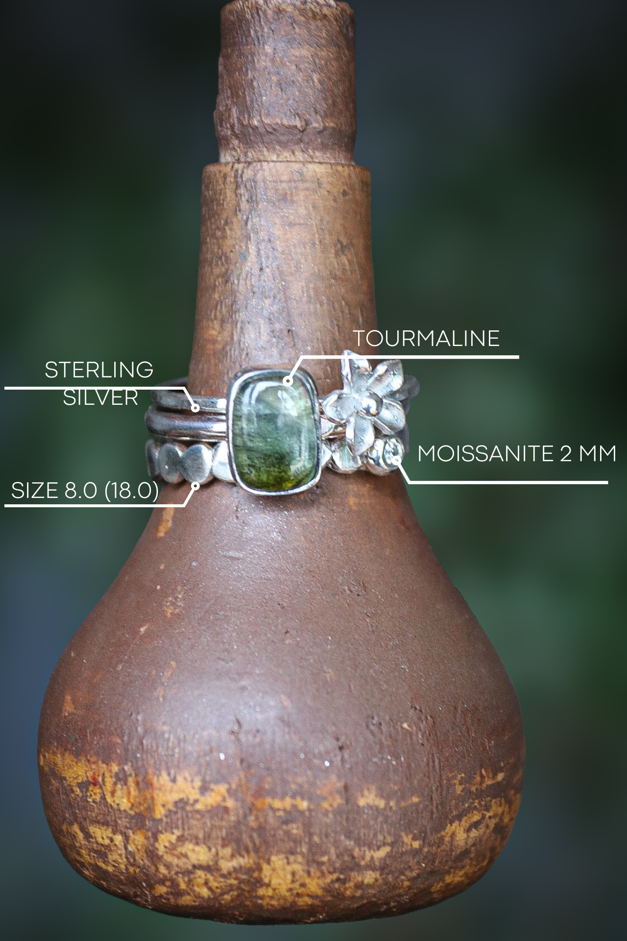 Tourmaline & Moissanite Silver Ring Set (8.0)