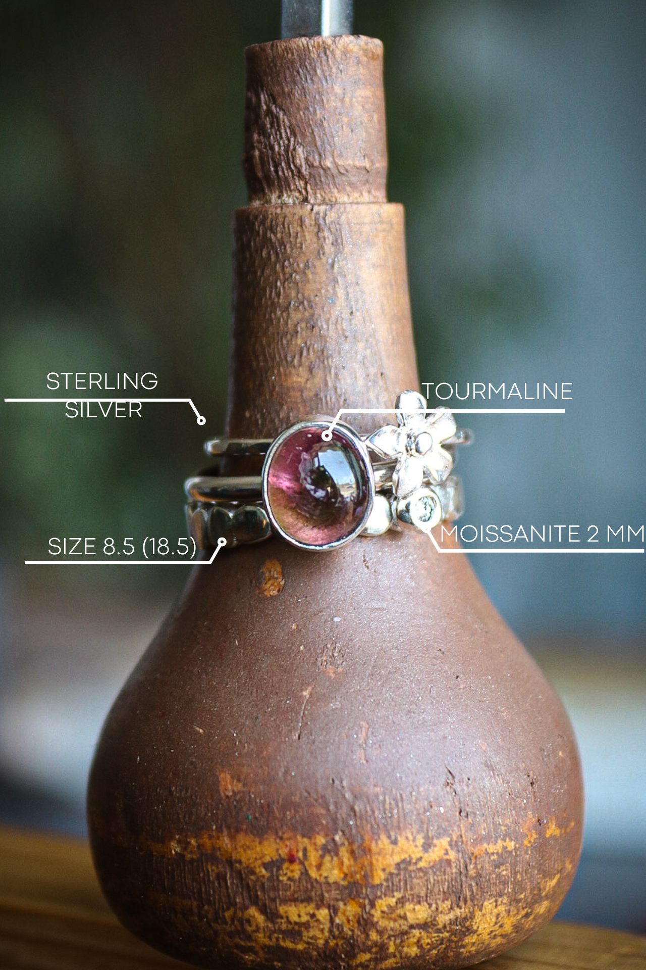Tourmaline & Moissanite Silver Ring Set (8.5)