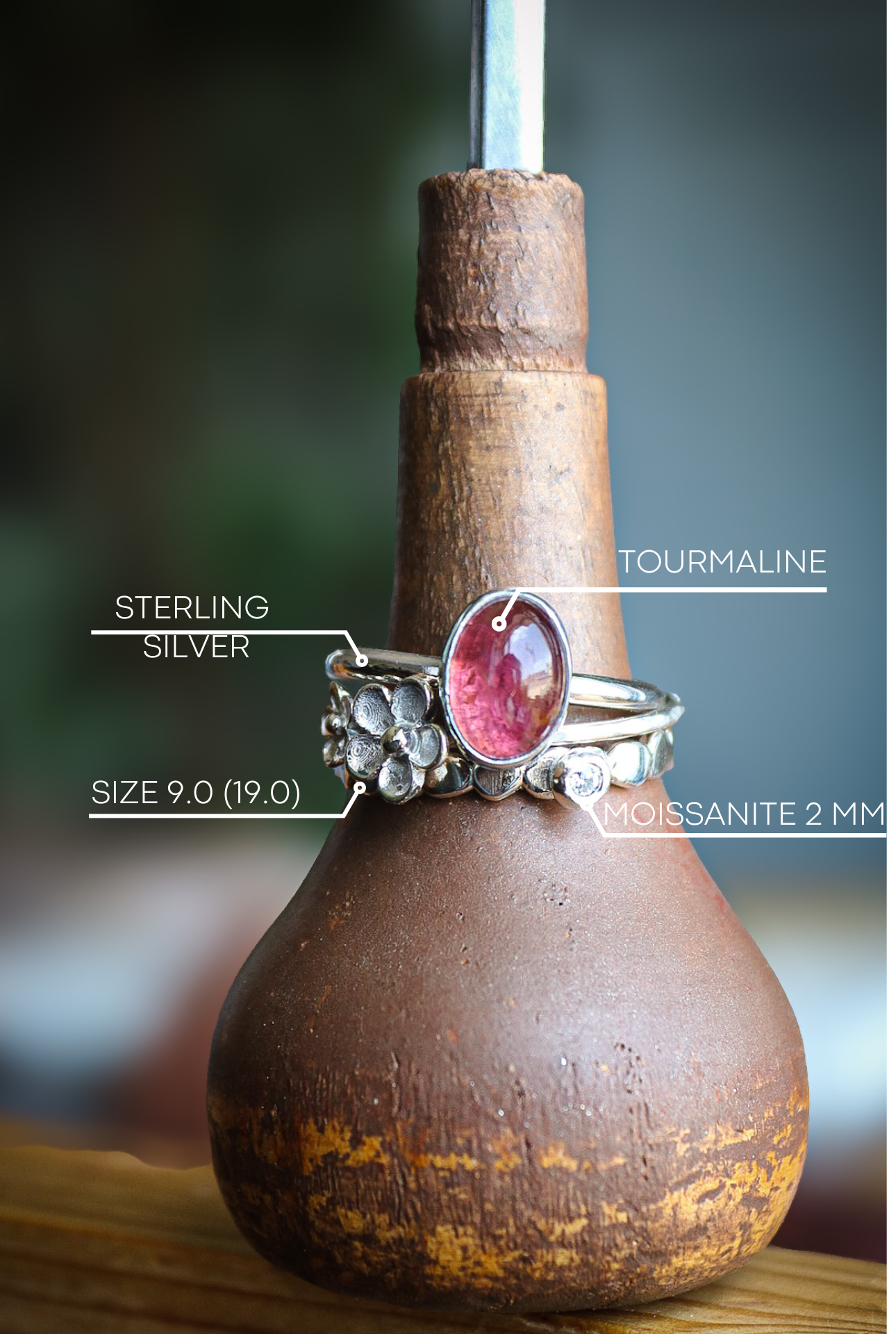 Tourmaline & Moissanite Silver Ring Set (9.0)