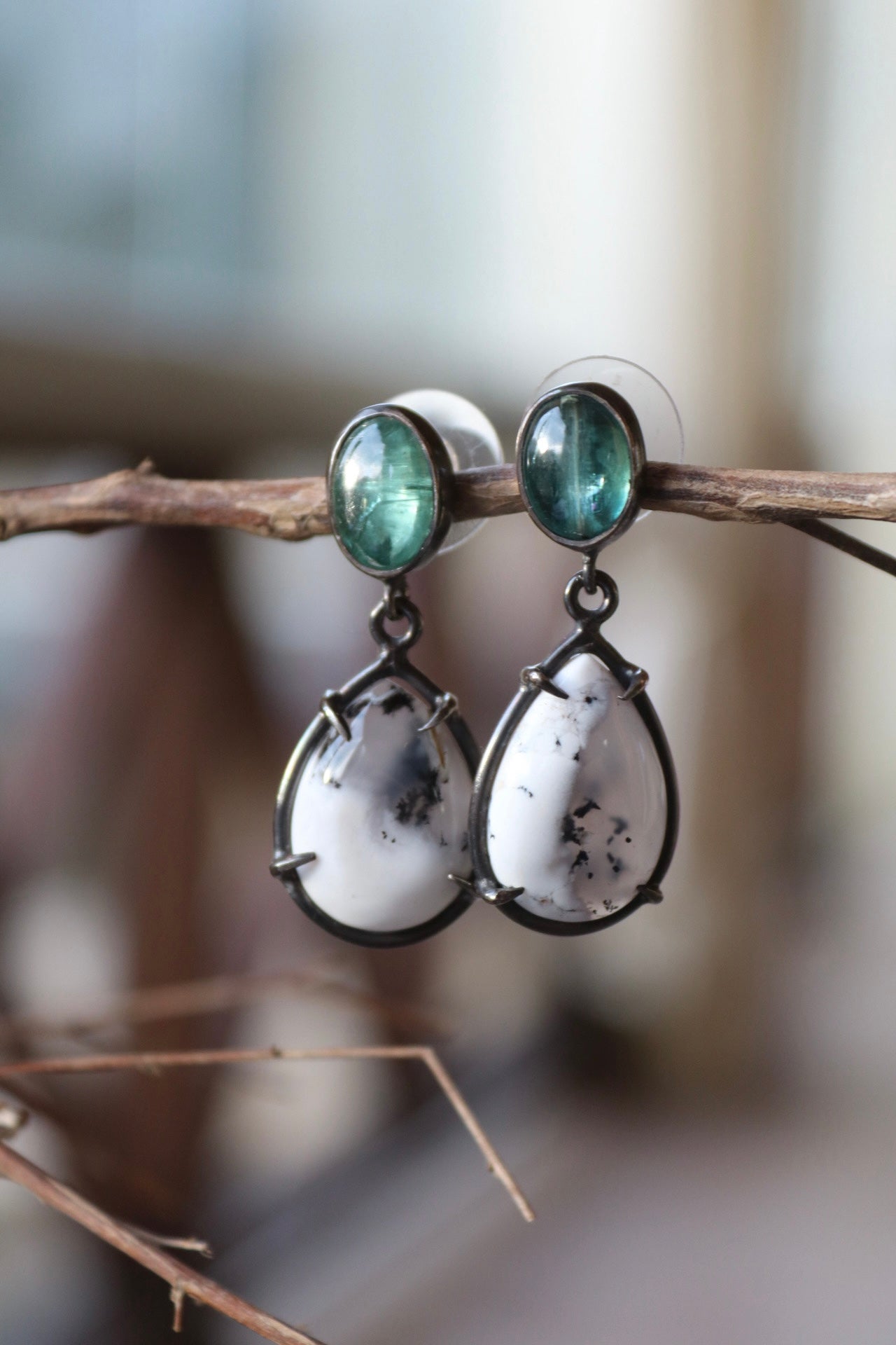 Silver Earrings with Dendritic Opal and Kyanite