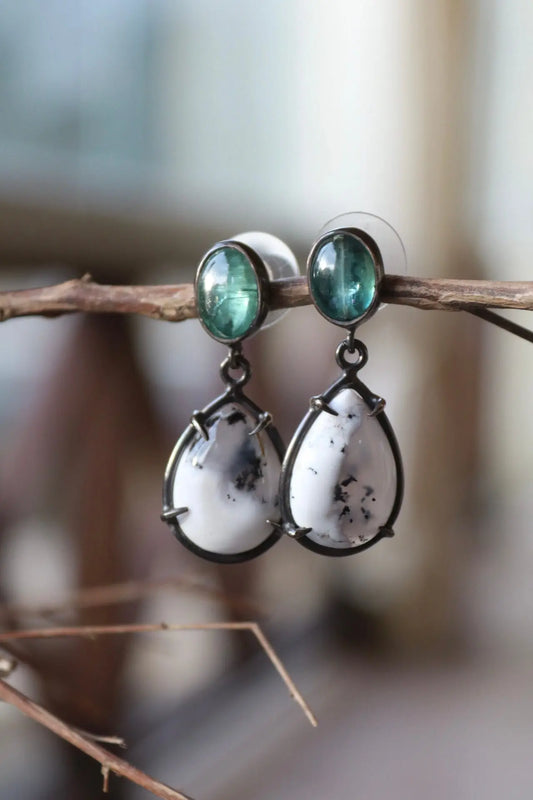 Silver Earrings with Dendritic Opal and Kyanite - ORI Jewelry