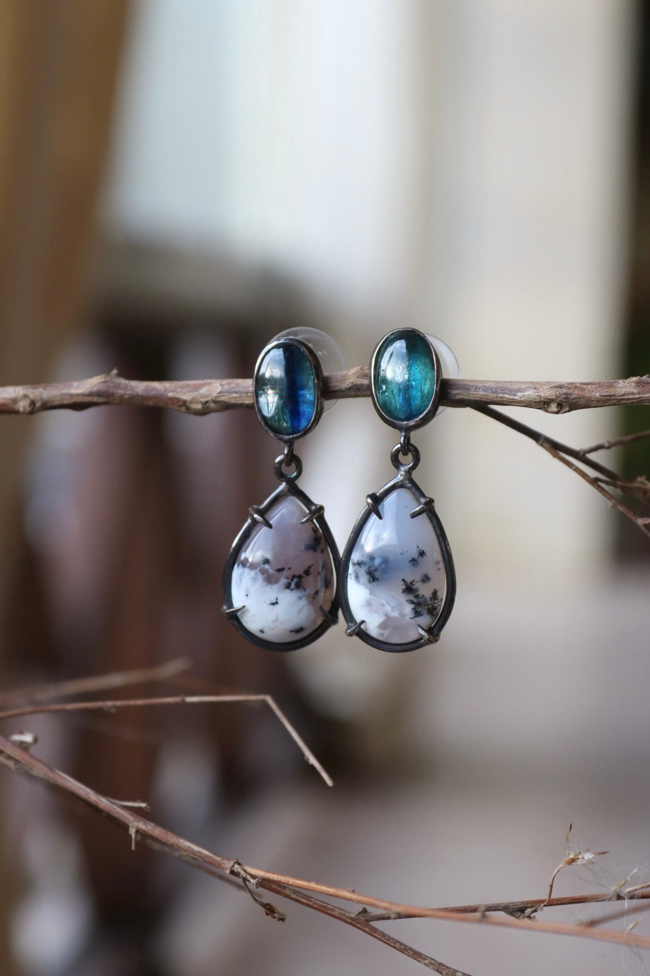 Silver Earrings with Dendritic Opal and Kyanite