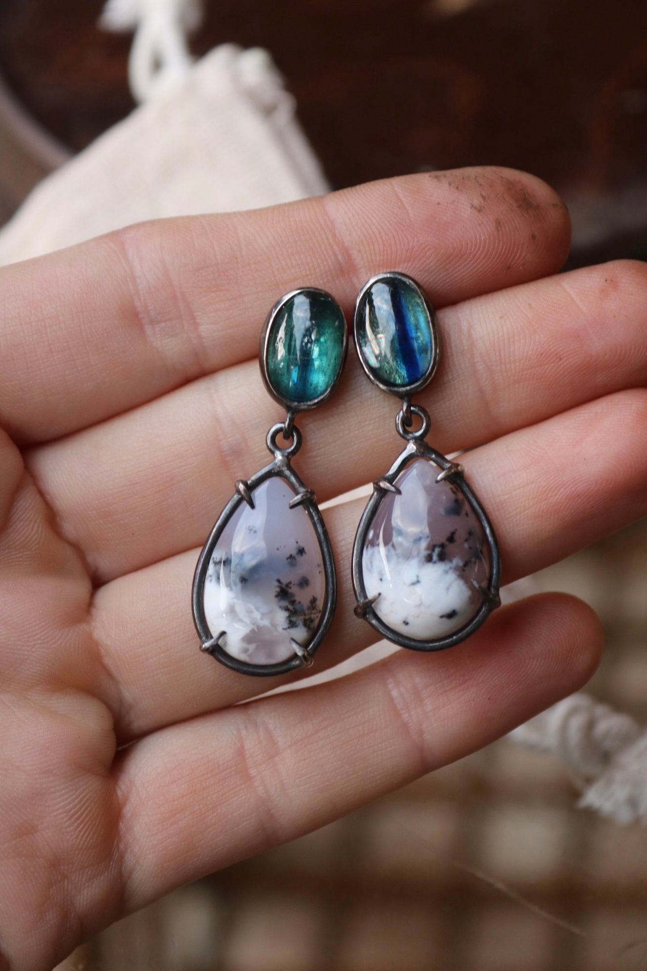 Silver Earrings with Dendritic Opal and Kyanite