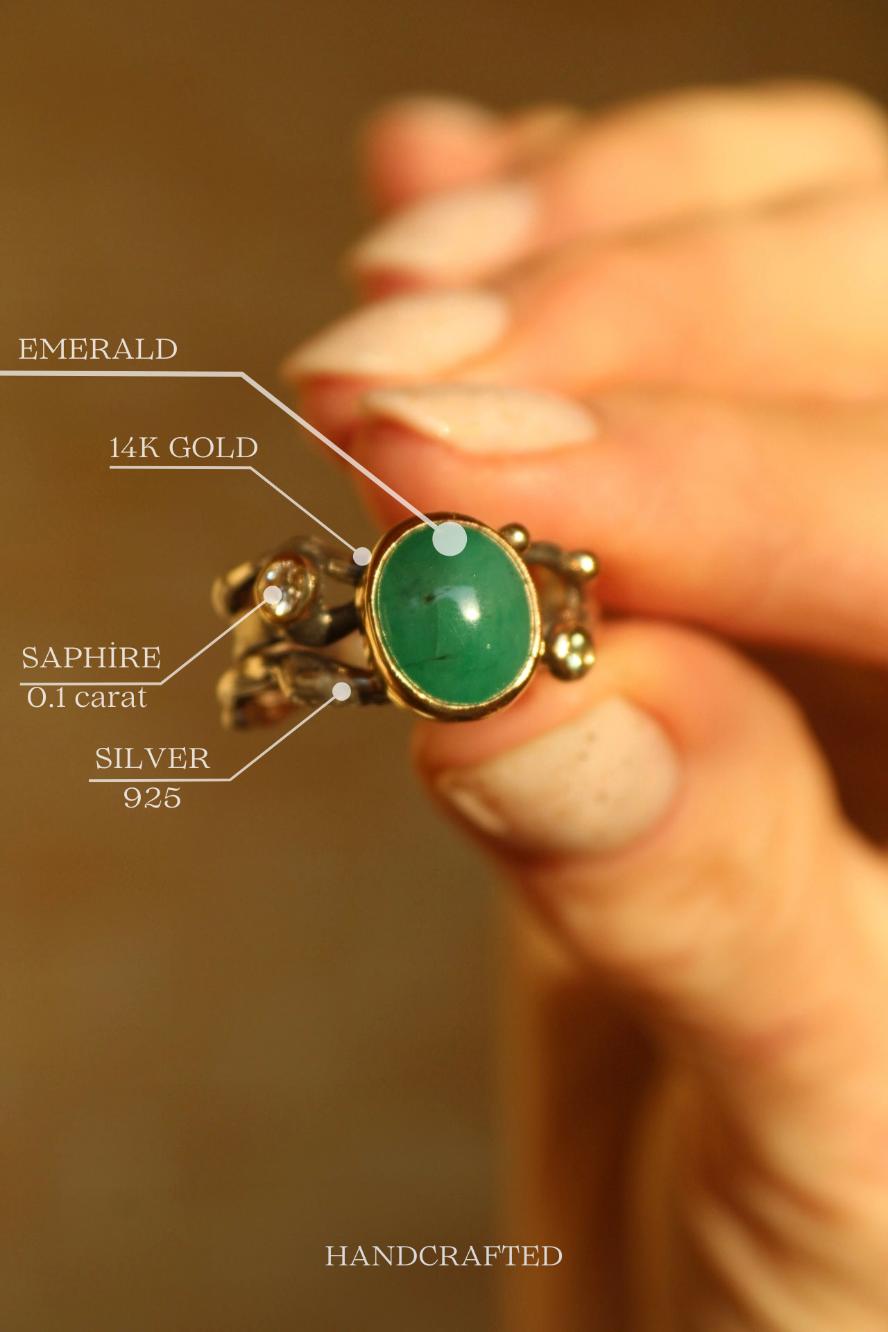 Emerald & Sapphire Silver Gold Ring (8.0)