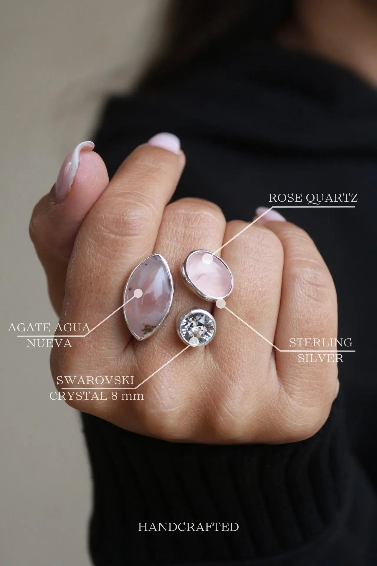 Agate, Quartz, and Swarovski Silver Ring (8.0-9.0) ORI ORI Jewelry