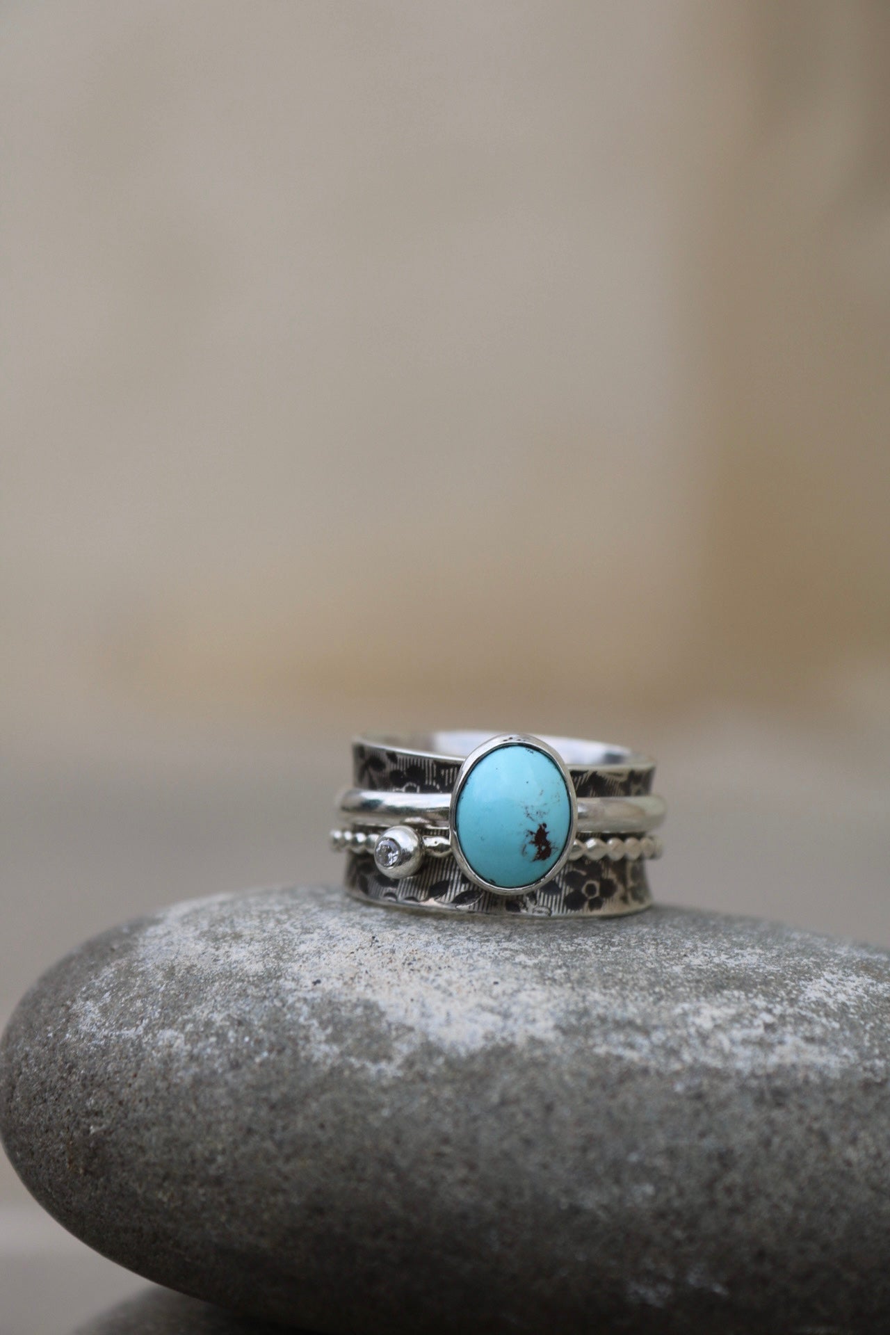 Kazakh Turquoise Spinner Silver Ring (9.5)