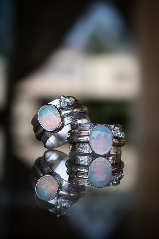 Spinner Ring with Ethiopian Opal & Moissanites