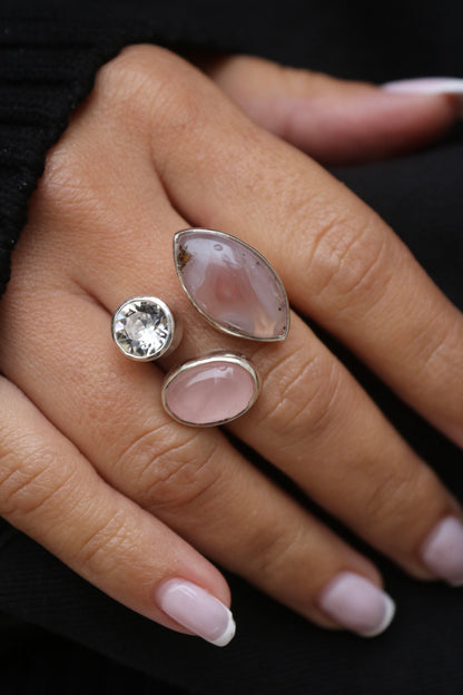 Agate, Quartz, and Swarovski Silver Ring (8.0-9.0)