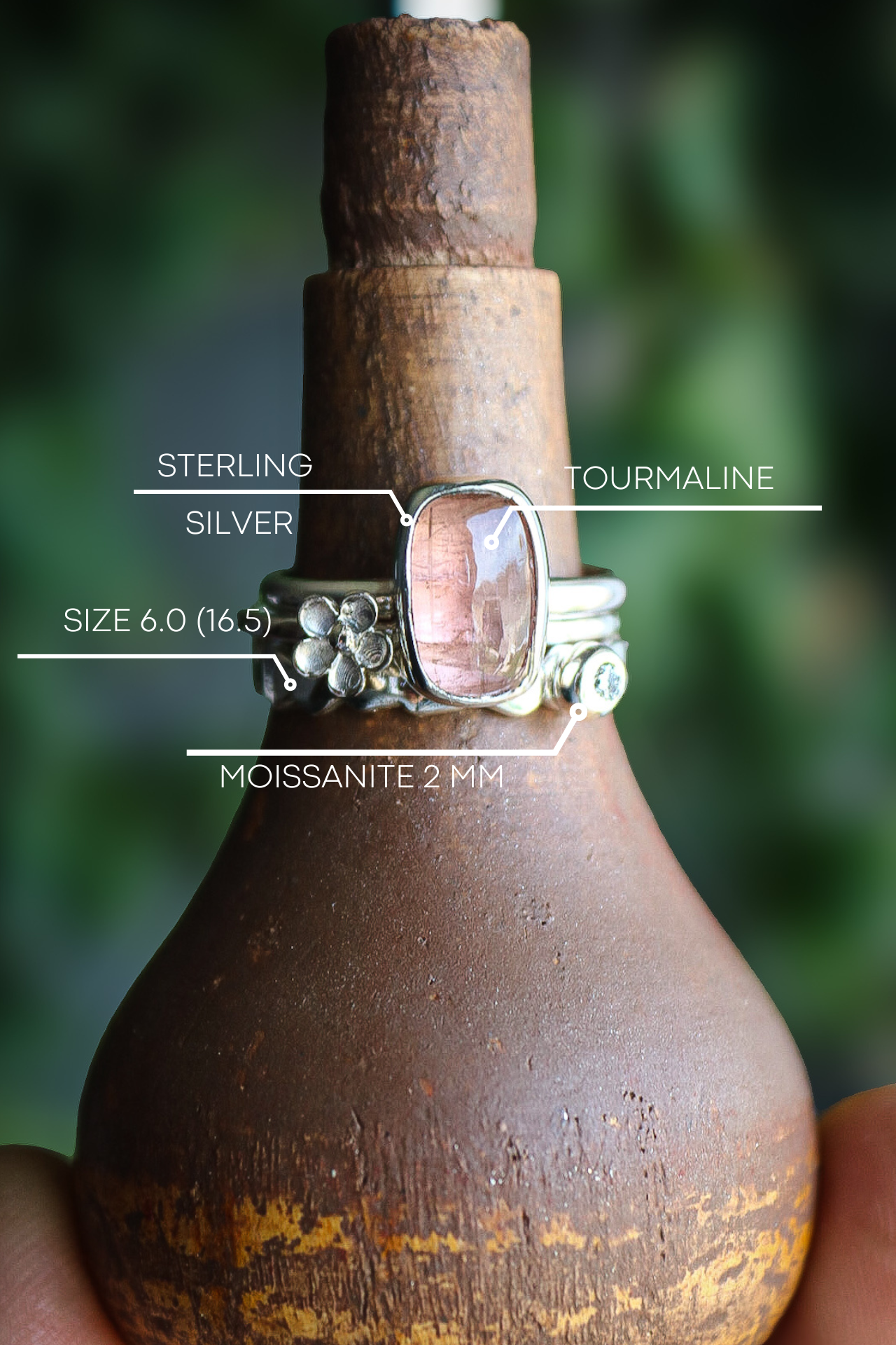 Tourmaline & Moissanite Silver Ring Set (6.0)