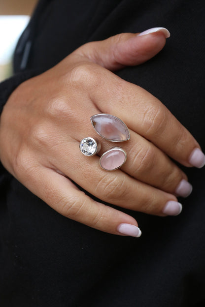 Agate, Quartz, and Swarovski Silver Ring (8.0-9.0)