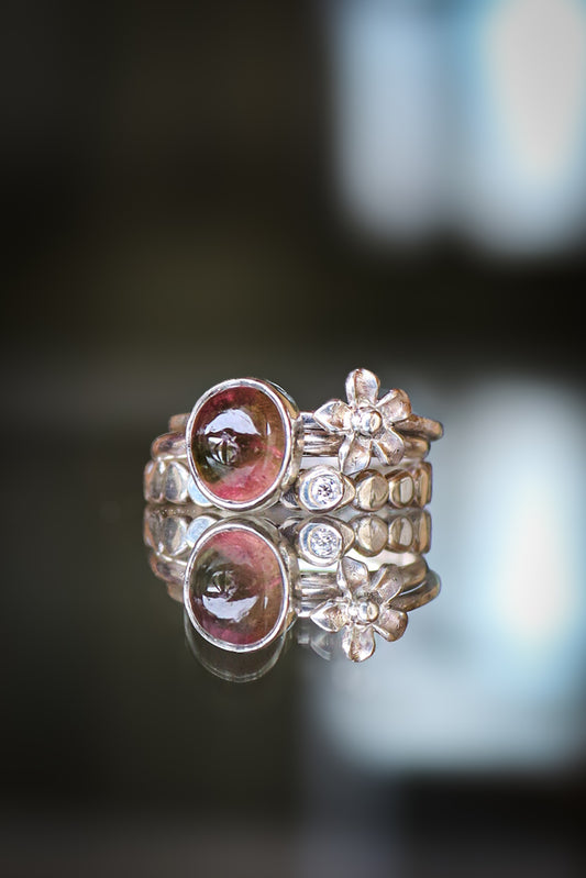 Tourmaline & Moissanite Silver Ring Set (8.5)