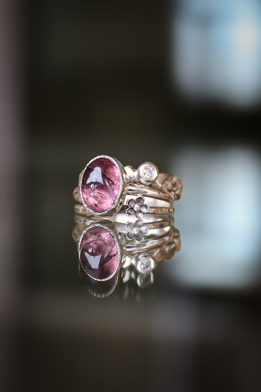 Tourmaline & Moissanite Silver Ring Set (5.0)