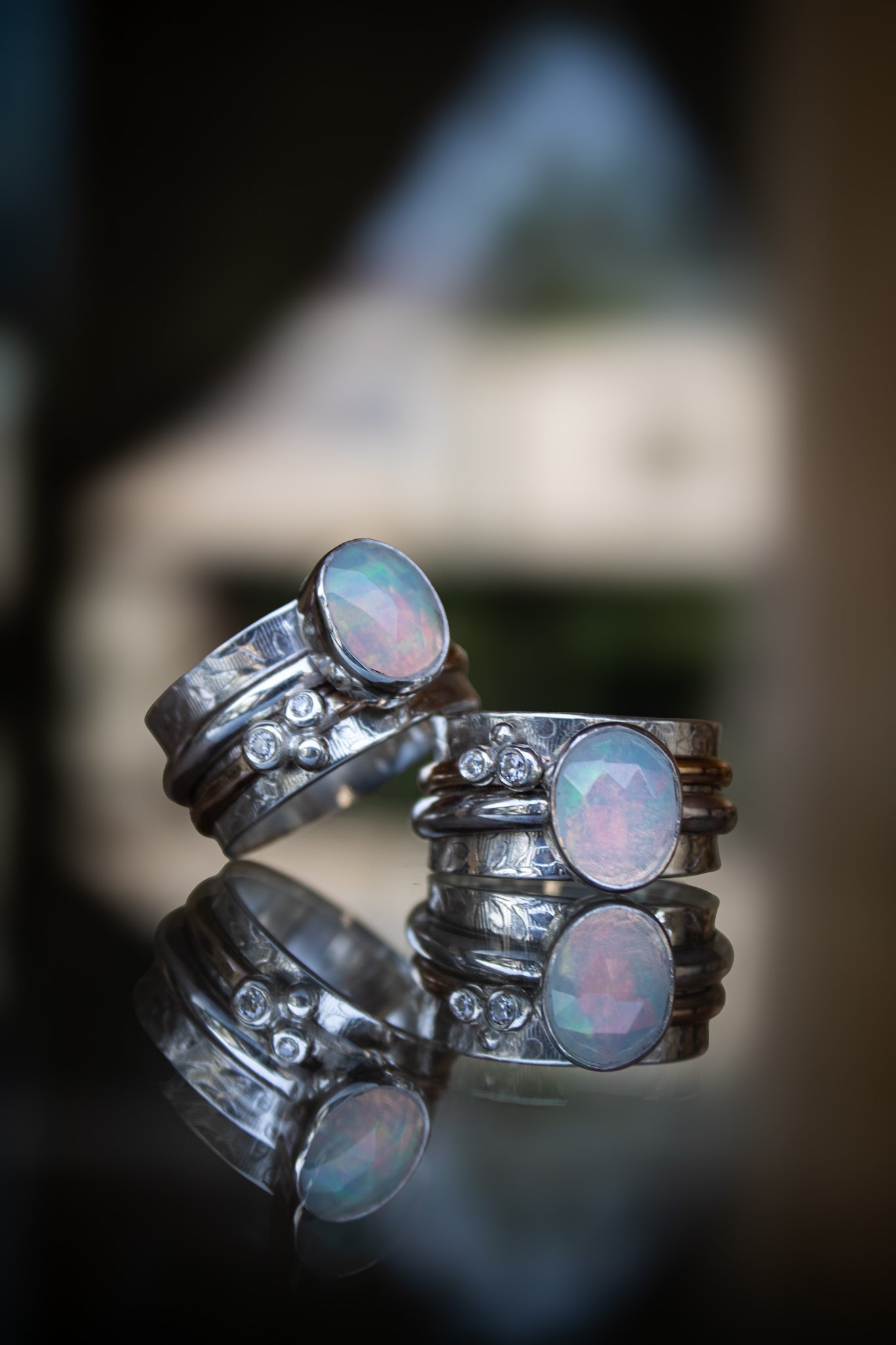 Spinner Ring with Ethiopian Opal & Moissanites