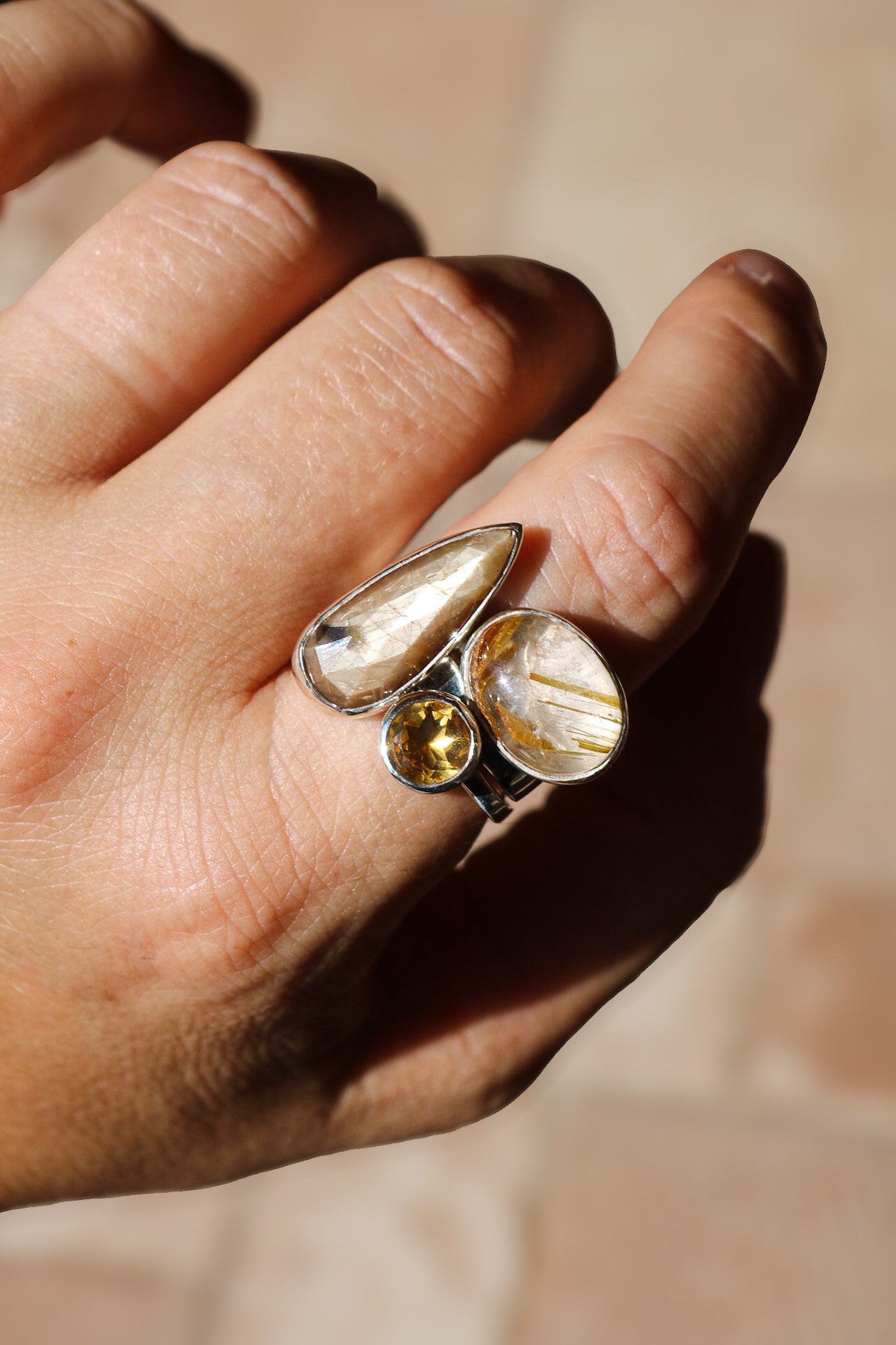 Square Stackable Ring Set with Sapphire, Citrine, Rutile Quartz (8.5)