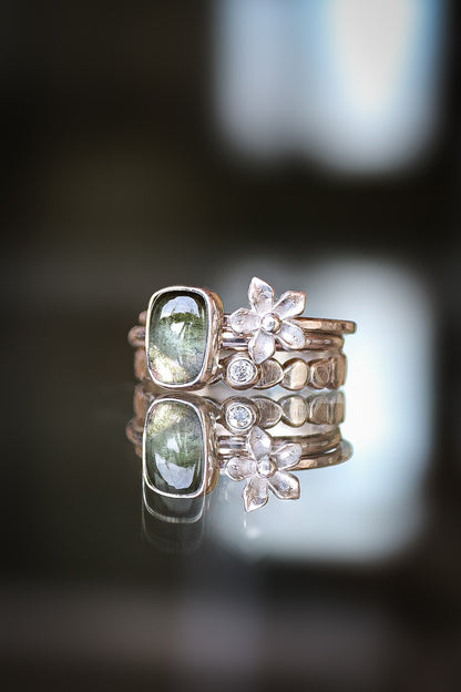Tourmaline & Moissanite Silver Ring Set (8.0)