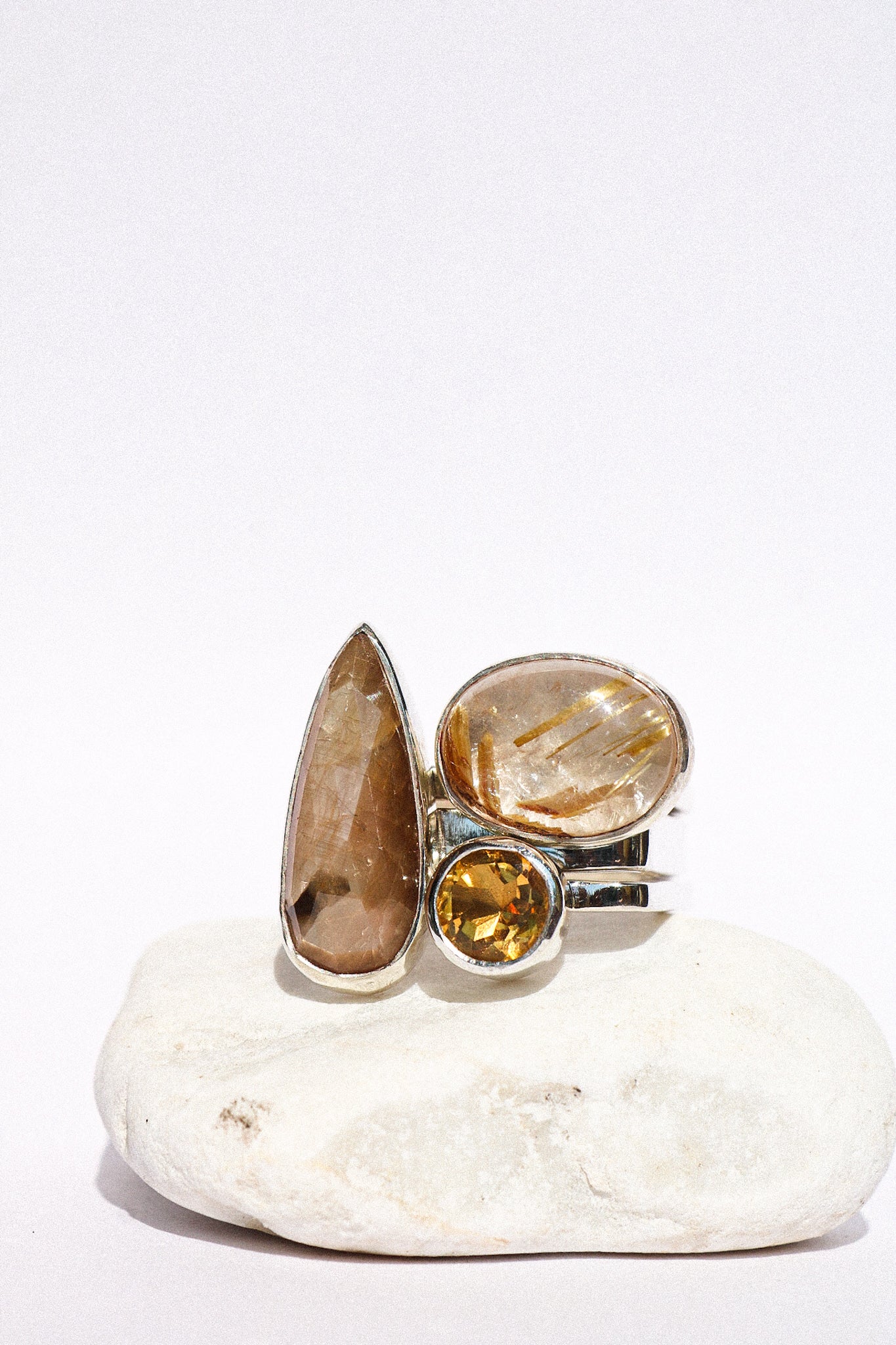 Square Stackable Ring Set with Sapphire, Citrine, Rutile Quartz (8.5)