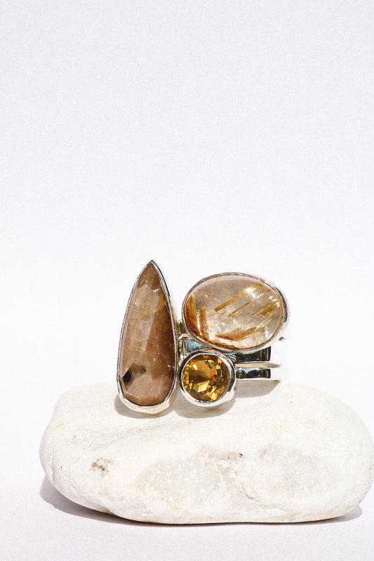 Square Stackable Ring Set with Sapphire, Citrine, Rutile Quartz (8.5)