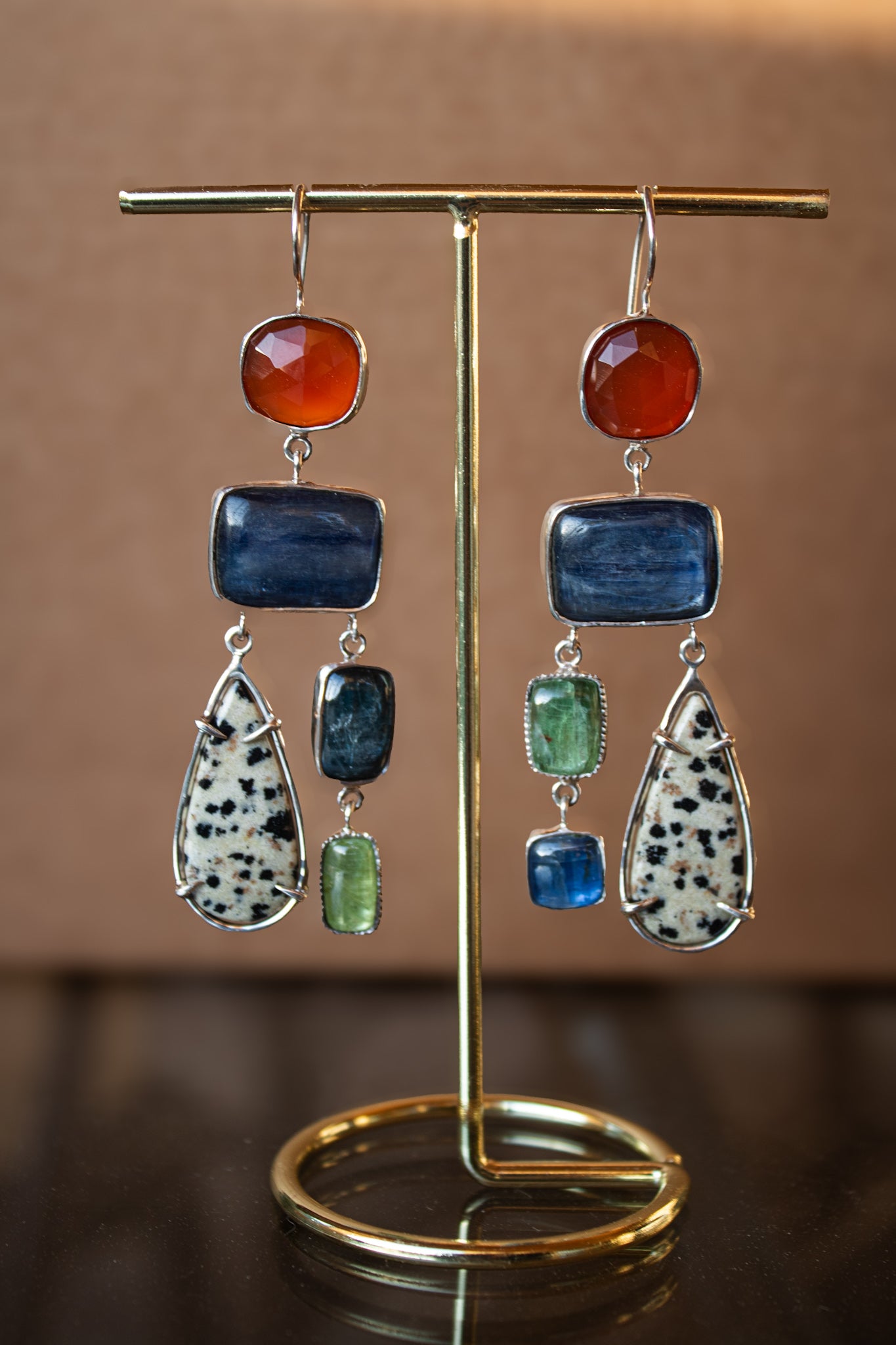 Earrings with Carnelian, Kyanite & Dalmatian Jasper