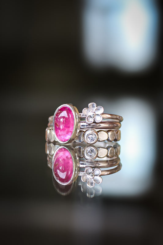Tourmaline & Moissanite Silver Ring Set (6.5)