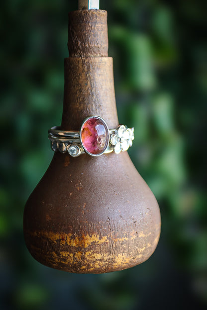 Tourmaline & Moissanite Silver Ring Set (9.0)