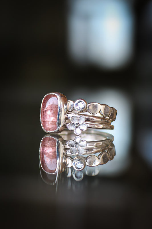 Tourmaline & Moissanite Silver Ring Set (6.0)