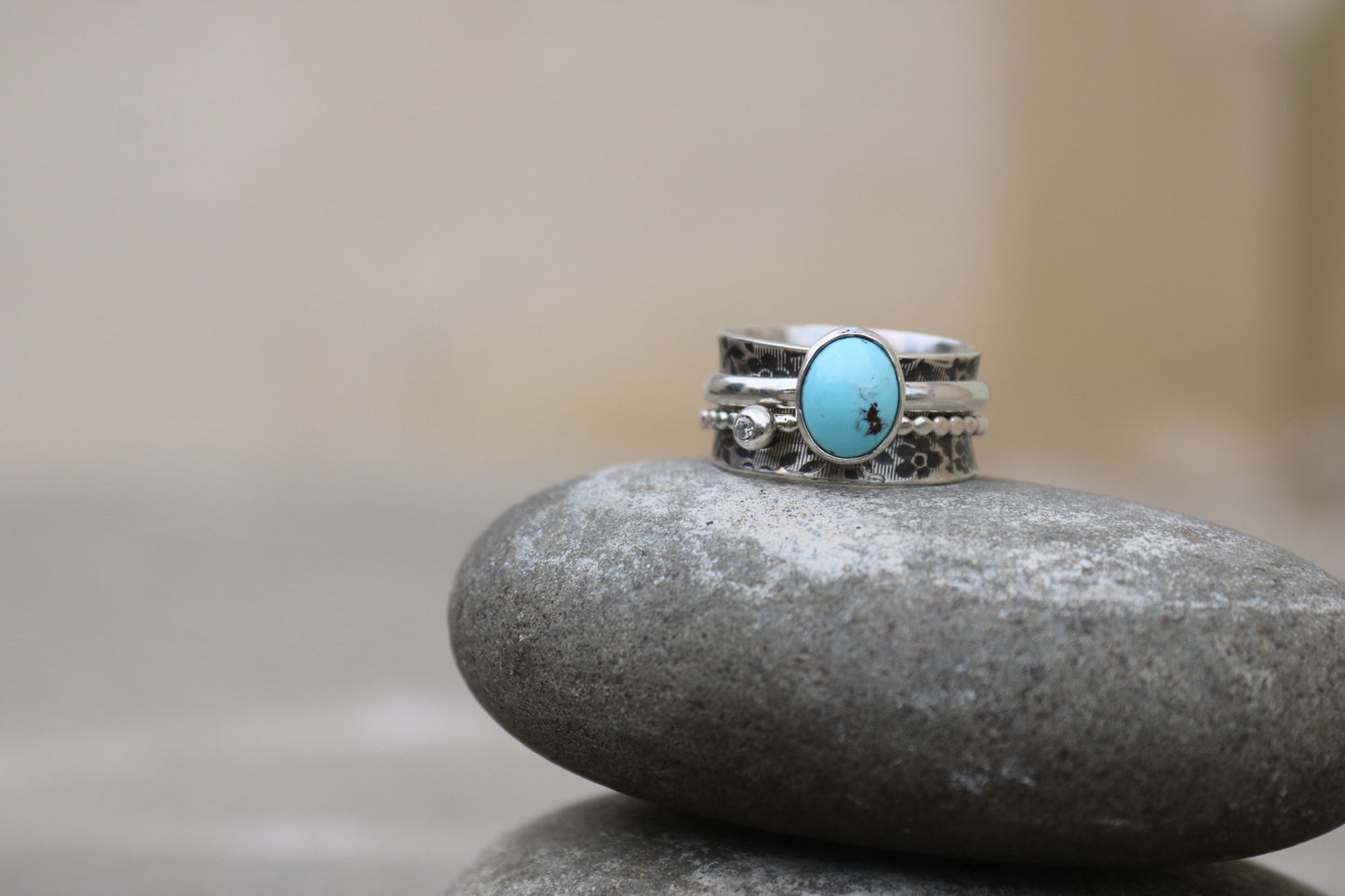 Kazakh Turquoise Spinner Silver Ring (9.5)