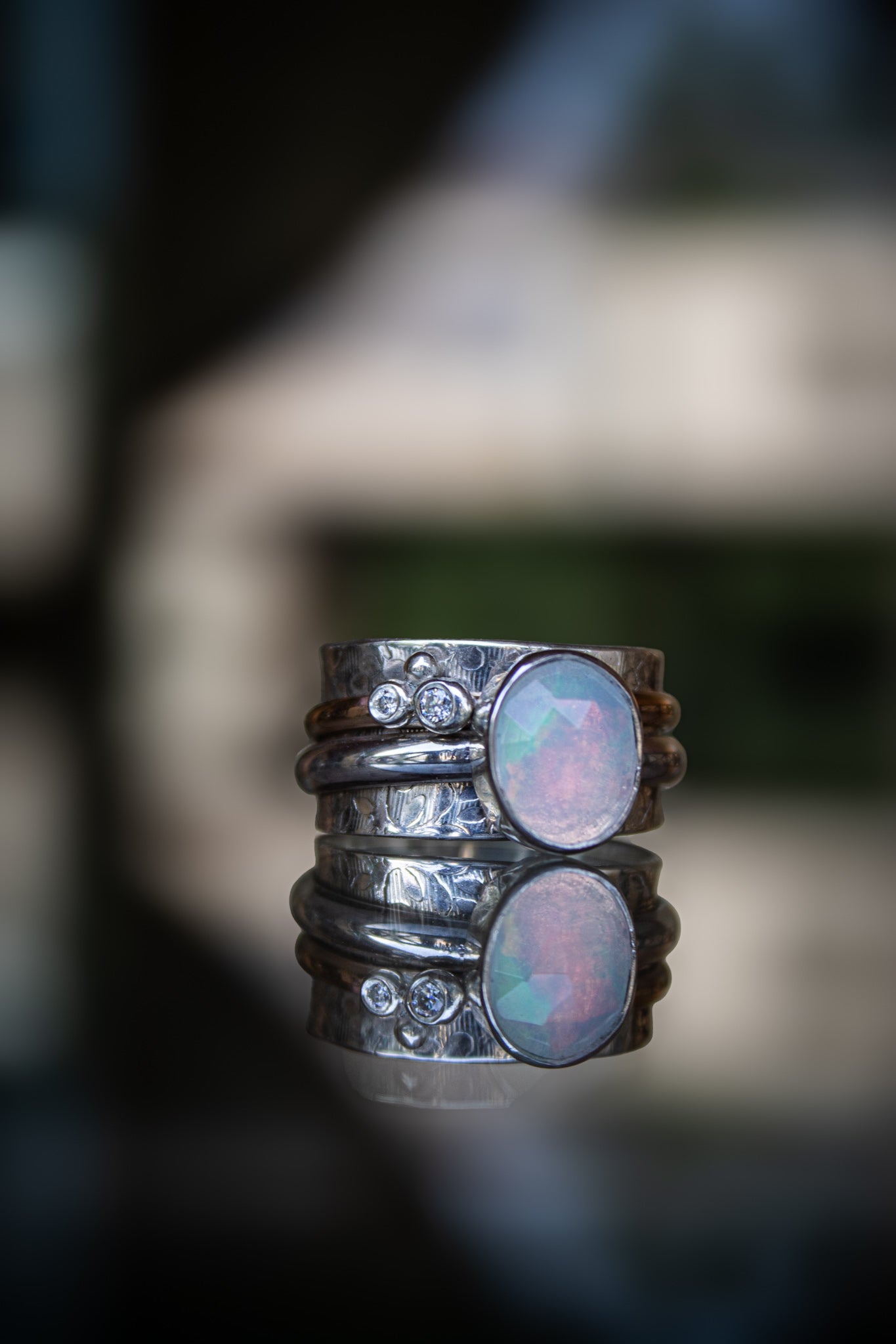 Spinner Ring with Ethiopian Opal & Moissanites