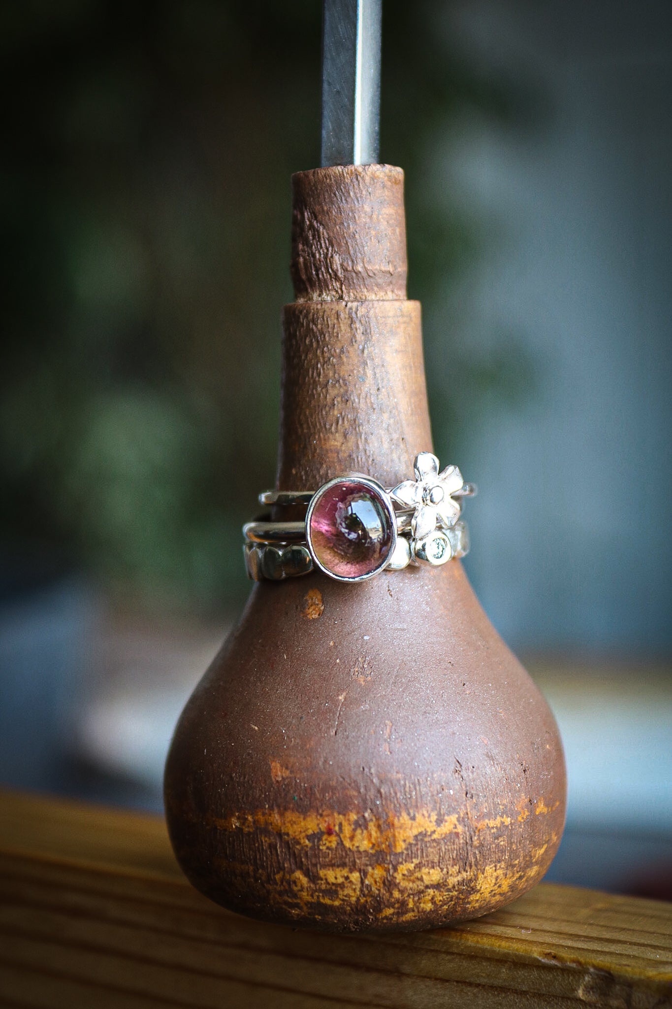Tourmaline & Moissanite Silver Ring Set (8.5)