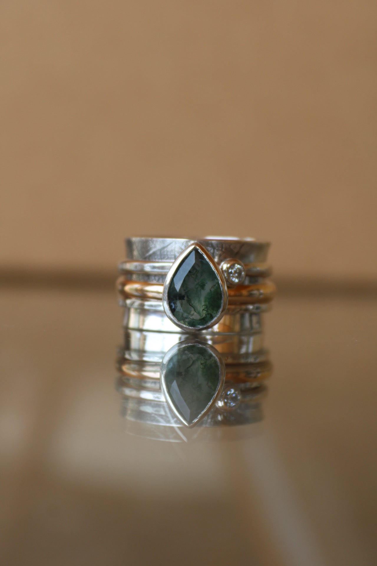 Spinner Ring with Moss Agate & Moissanite