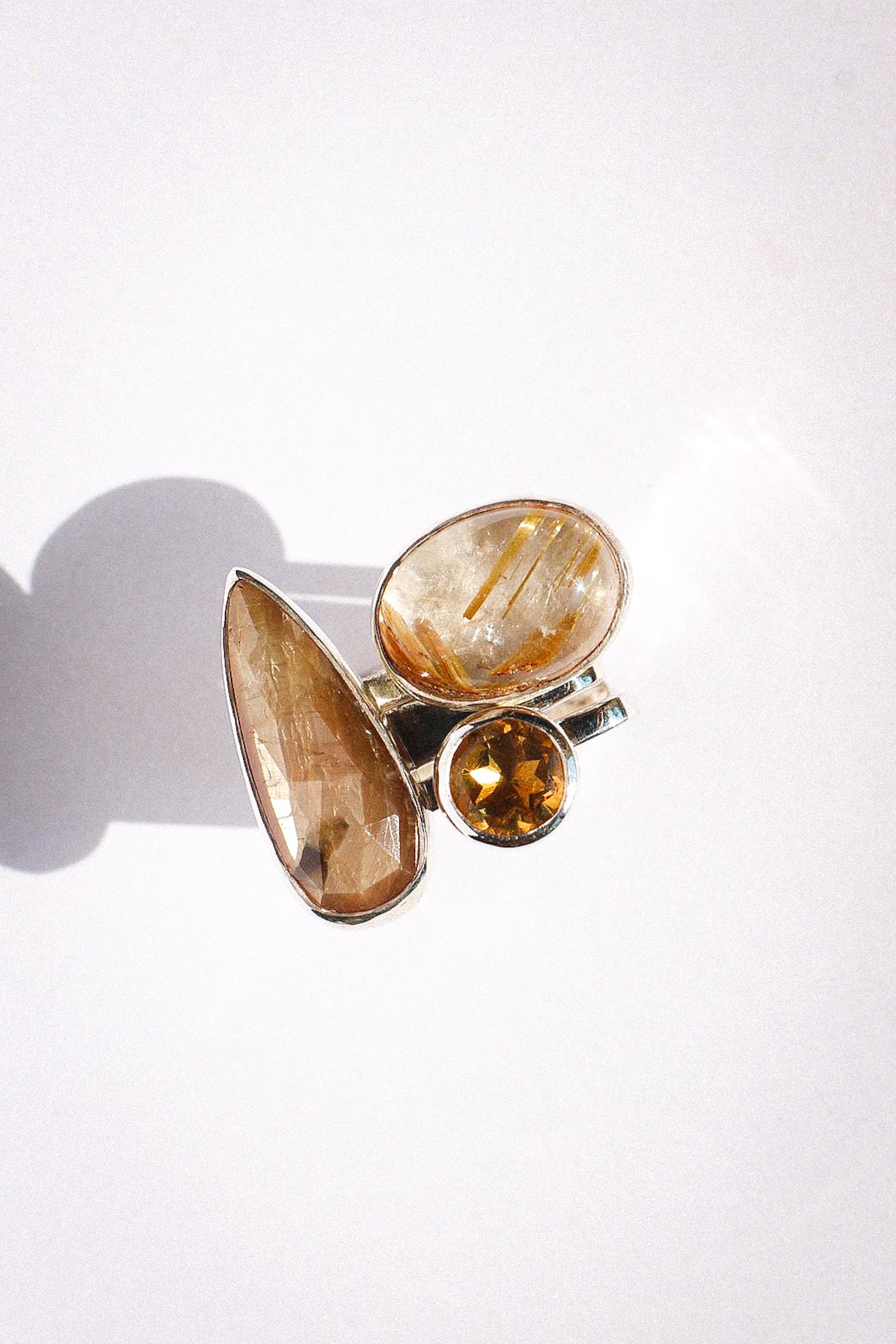Square Stackable Ring Set with Sapphire, Citrine, Rutile Quartz (8.5)